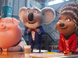 Gunter (voiced by Nick Kroll), Buster Moon (Matthew McConaughey) and Ash (Scarlett Johansson) in Sing 2, directed by Garth Jennings and Christophe Lourdelet.. Copyright: 2021 Universal Studios/Illumination Entertainment. All Rights Reserved.