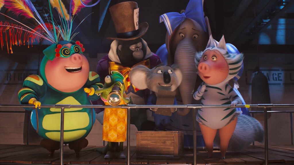 Gunter (voiced by Nick Kroll), Miss Crawly (Garth Jennings), Johnny (Taron Egerton), Buster Moon (Matthew McConaughey), Meena (Tori Kelly) and Rosita (Reese Witherspoon) in Sing 2, directed by Garth Jennings and Christophe Lourdelet. Copyright: 2021 Universal Studios/Illumination Entertainment. All Rights Reserved.