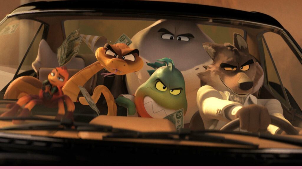 Ms Tarantula (voiced by Awkwafina), Mr Snake (Marc Maron), Mr Shark (Craig Robinson), Mr Piranha (Anthony Ramos) and Mr Wolf (Sam Rockwell) in The Bad Guys, directed by Pierre Perifel. Copyright: 2021 DreamWorks Animation LLC. All Rights Reserved.