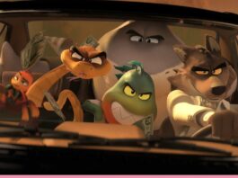 Ms Tarantula (voiced by Awkwafina), Mr Snake (Marc Maron), Mr Shark (Craig Robinson), Mr Piranha (Anthony Ramos) and Mr Wolf (Sam Rockwell) in The Bad Guys, directed by Pierre Perifel. Copyright: 2021 DreamWorks Animation LLC. All Rights Reserved.