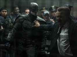 Robert Pattinson as Batman and Jeffrey Wright as Lieutenant James Gordon in The Batman, directed by Matt Reeves. Photo: Jonathan Olley. Copyright: 2020 Warner Bros. Entertainment Inc./DC Comics. All Rights Reserved.