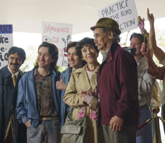 Ash Tandon as Lloyd Donovan, Christian Lees as Gene Flitcroft, Jonah Lees as James Flitcroft, Sally Hawkins as Jean Flitcroft and Mark Rylance as Maurice Flitcroft in The Phantom Of The Open, directed by Craig Roberts. Photo: Nick Wall. Copyright: Entertainment One. All Rights Reserved.