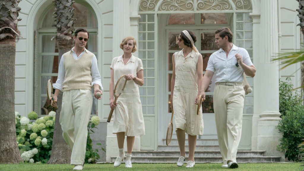 Harry Hadden-Paton as Bertie Pelham, Laura Carmichael as Lady Edith, Tuppence Middleton as Lucy Smith and Allen Leech as Tom Branson in Downton Abbey: A New Era, directed by Simon Curtis. Photo: Ben Blackall. Copyright: 2021 Focus Features, LLC. All Rights Reserved.