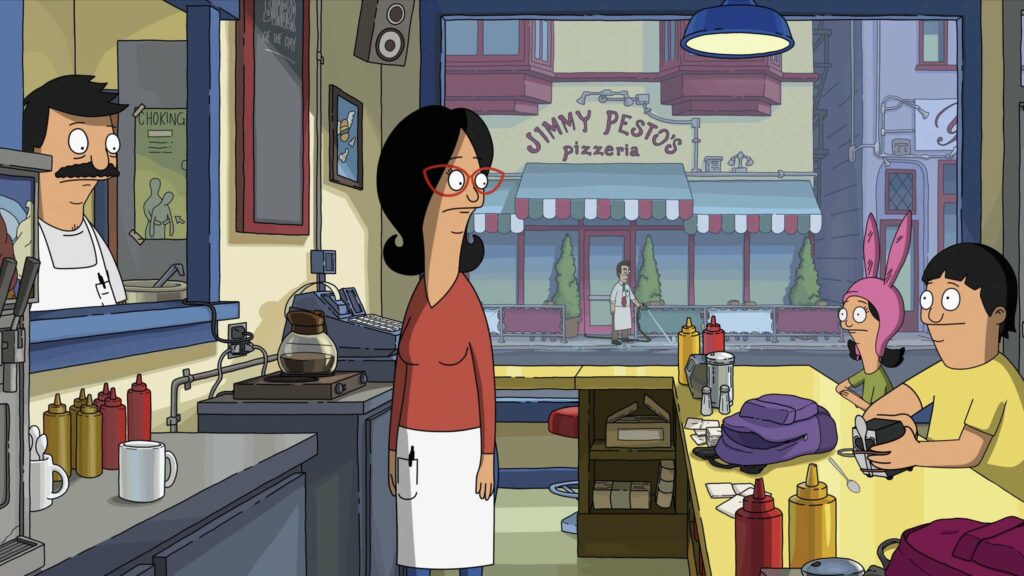 Bob Belcher (voiced by H Jon Benjamin), Linda Belcher (John Roberts), Louise Belcher (Kristen Schaal), Gene Belcher (Eugene Mirman) and Tina Belcher (Dan Mintz) in The Bob’s Burgers Movie, directed by Loren Bouchard and Bernard Derriman. Copyright: 2022 20th Century Studios. All Rights Reserved.