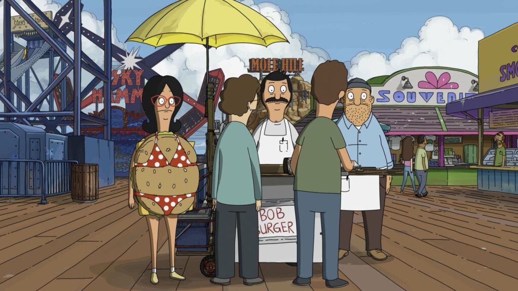 Linda Belcher (voiced by John Roberts), Bob Belcher (H Jon Benjamin) and Teddy (Larry Murphy) in The Bob’s Burgers Movie, directed by Loren Bouchard and Bernard Derriman. Copyright: 2022 20th Century Studios. All Rights Reserved.