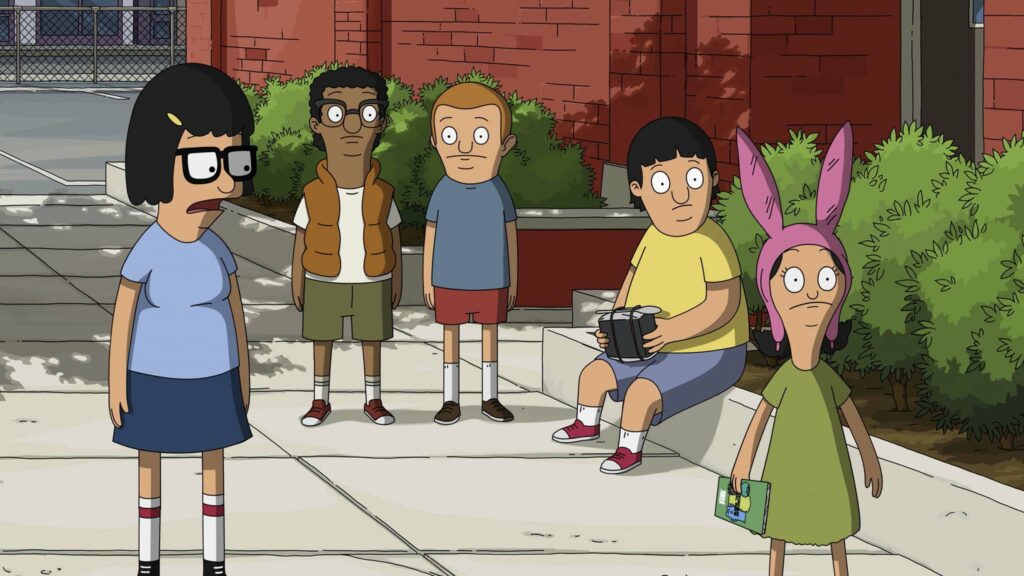 Tina Belcher (voiced by Dan Mintz), Darryl (Aziz Ansari), Regular-Sized Rudy (Brian Huskey), Gene Belcher (Eugene Mirman) and Louise Belcher (Kristen Schaal) in The Bob’s Burgers Movie, directed by Loren Bouchard and Bernard Derriman. Copyright: 2022 20th Century Studios. All Rights Reserved.