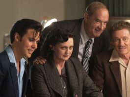 Austin Butler as Elvis Presley, Helen Thomson as Gladys Presley, Tom Hanks as Colonel Tom Parker and Richard Roxburgh as Vernon Presley in Elvis, directed by Baz Luhrmann. Photo: Hugh Stewart. Copyright: 2022 Warner Bros. Entertainment Inc. All Rights Reserved.
