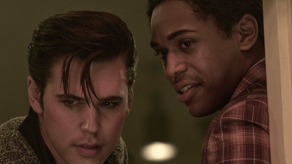 Austin Butler as Elvis Presley and Kelvin Harrison Jr as BB King in Elvis, directed by Baz Luhrmann. Photo: Kane Skennar. Copyright: 2022 Warner Bros. Entertainment Inc. All Rights Reserved.