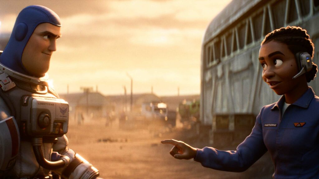 Buzz Lightyear (voiced by Chris Evans) and Alisha Hawthorne (Uzo Aduba) in Lightyear, directed by Angus MacLane. Copyright: 2022 Disney/Pixar. All Rights Reserved.