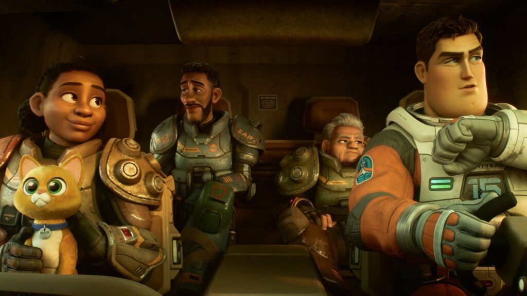 Robot companion Sox (voiced by Peter Sohn), Izzy Hawthorne (Keke Palmer), Darby Steel (Dale Soules), Mo Morrison (Taika Waititi) and Buzz Lightyear (Chris Evans) in Lightyear, directed by Angus MacLane. Copyright: 2022 Disney/Pixar. All Rights Reserved.