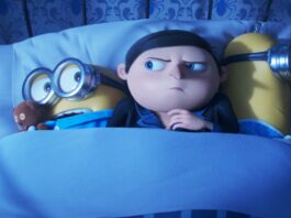 Minion Bob, Gru (voiced by Steve Carell) and Minion Kevin in Minions: The Rise Of Gru, directed by Kyle Balda, Brad Ableson and Jonathan del Val. Copyright: 2022 Universal Studios. All Rights Reserved.
