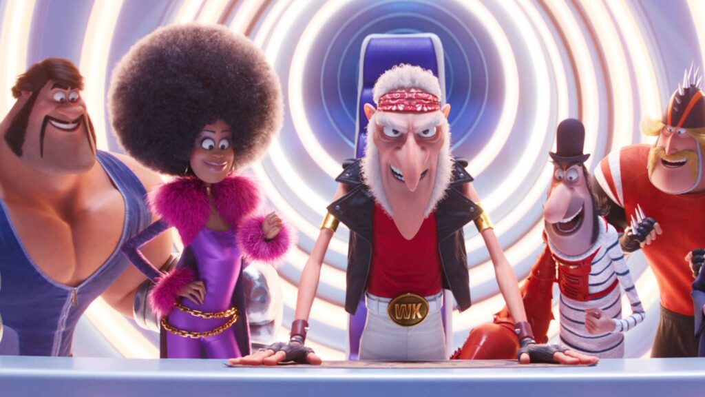 Stronghold (voiced by Danny Trejo), Belle Bottom (Taraji P Henson), Wild Knuckles (Alan Arkin), Jean Clawed (Jean-Claude Van Damme), Svengeance (Dolph Lundgren) and Nun-Chuck (Lucy Lawless) in Minions: The Rise Of Gru, directed by Kyle Balda, Brad Ableson and Jonathan del Val. Copyright: 2022 Universal Studios. All Rights Reserved.