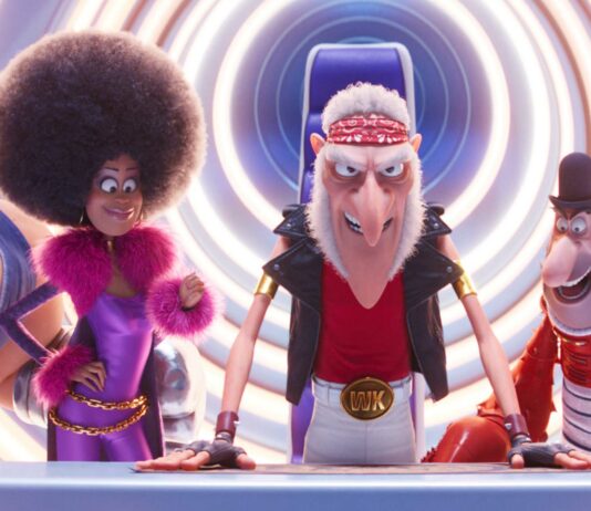 Stronghold (voiced by Danny Trejo), Belle Bottom (Taraji P Henson), Wild Knuckles (Alan Arkin), Jean Clawed (Jean-Claude Van Damme), Svengeance (Dolph Lundgren) and Nun-Chuck (Lucy Lawless) in Minions: The Rise Of Gru, directed by Kyle Balda, Brad Ableson and Jonathan del Val. Copyright: 2022 Universal Studios. All Rights Reserved.