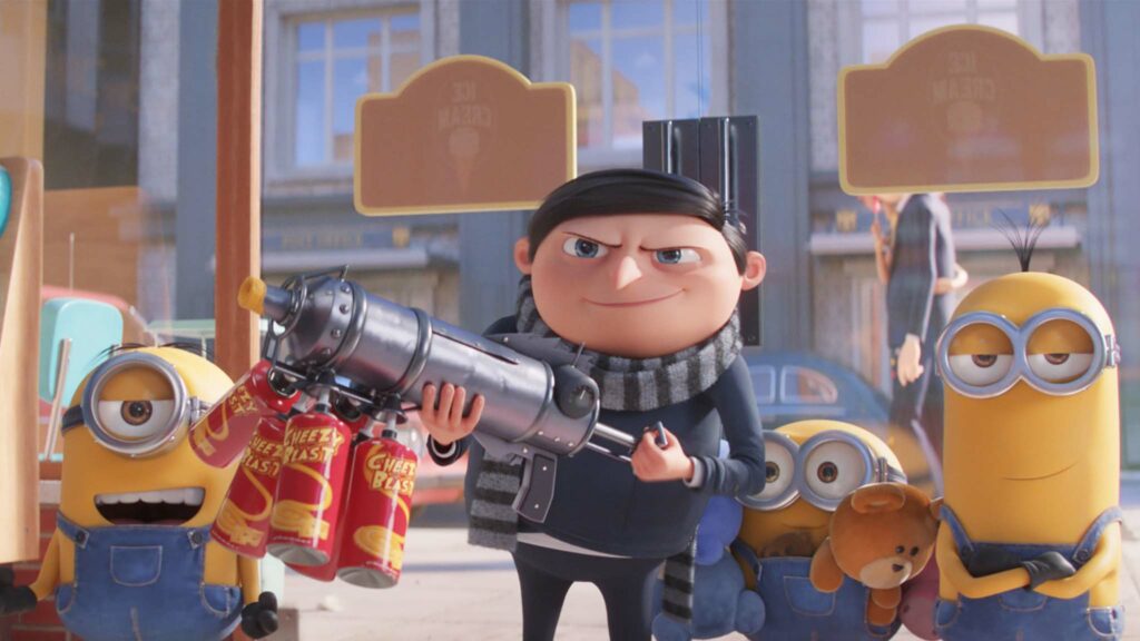 Minion Stuart, Gru (voiced by Steve Carell), Minions Bob and Kevin in Minions: The Rise Of Gru, directed by Kyle Balda, Brad Ableson and Jonathan del Val. Copyright: 2021 Universal Studios. All Rights Reserved.