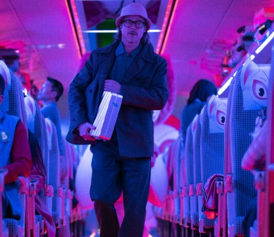 Brad Pitt as Ladybug in Bullet Train, directed by David Leitch. Photo: Scott Garfield. Copyright: 2022 CTMG. All Rights Reserved.
