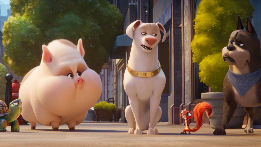 Merton (voiced by Natasha Lyonne), PB (Vanessa Bayer), Krypto (Dwayne Johnson), Chip (Diego Luna) and Ace (Kevin Hart) in DC League Of Super-Pets, directed by Jared Stern and Sam Levine. Copyright: 2021 Warner Bros. Entertainment Inc. All Rights Reserved.