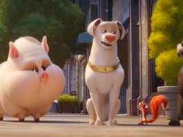 Merton (voiced by Natasha Lyonne), PB (Vanessa Bayer), Krypto (Dwayne Johnson), Chip (Diego Luna) and Ace (Kevin Hart) in DC League Of Super-Pets, directed by Jared Stern and Sam Levine. Copyright: 2021 Warner Bros. Entertainment Inc. All Rights Reserved.
