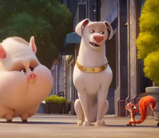 Merton (voiced by Natasha Lyonne), PB (Vanessa Bayer), Krypto (Dwayne Johnson), Chip (Diego Luna) and Ace (Kevin Hart) in DC League Of Super-Pets, directed by Jared Stern and Sam Levine. Copyright: 2021 Warner Bros. Entertainment Inc. All Rights Reserved.