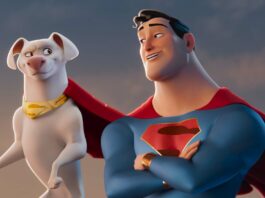 Krypto (voiced by Dwayne Johnson) and Superman (John Krasinski) in DC League Of Super-Pets, directed by Jared Stern and Sam Levine. Copyright: 2021 Warner Bros. Entertainment Inc. All Rights Reserved.