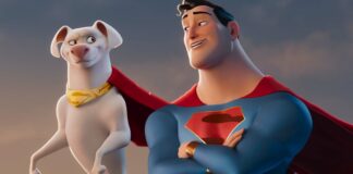 Krypto (voiced by Dwayne Johnson) and Superman (John Krasinski) in DC League Of Super-Pets, directed by Jared Stern and Sam Levine. Copyright: 2021 Warner Bros. Entertainment Inc. All Rights Reserved.