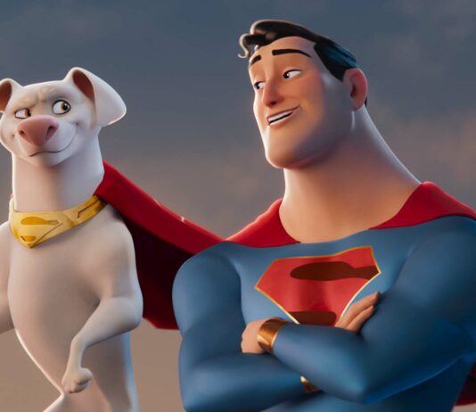Krypto (voiced by Dwayne Johnson) and Superman (John Krasinski) in DC League Of Super-Pets, directed by Jared Stern and Sam Levine. Copyright: 2021 Warner Bros. Entertainment Inc. All Rights Reserved.