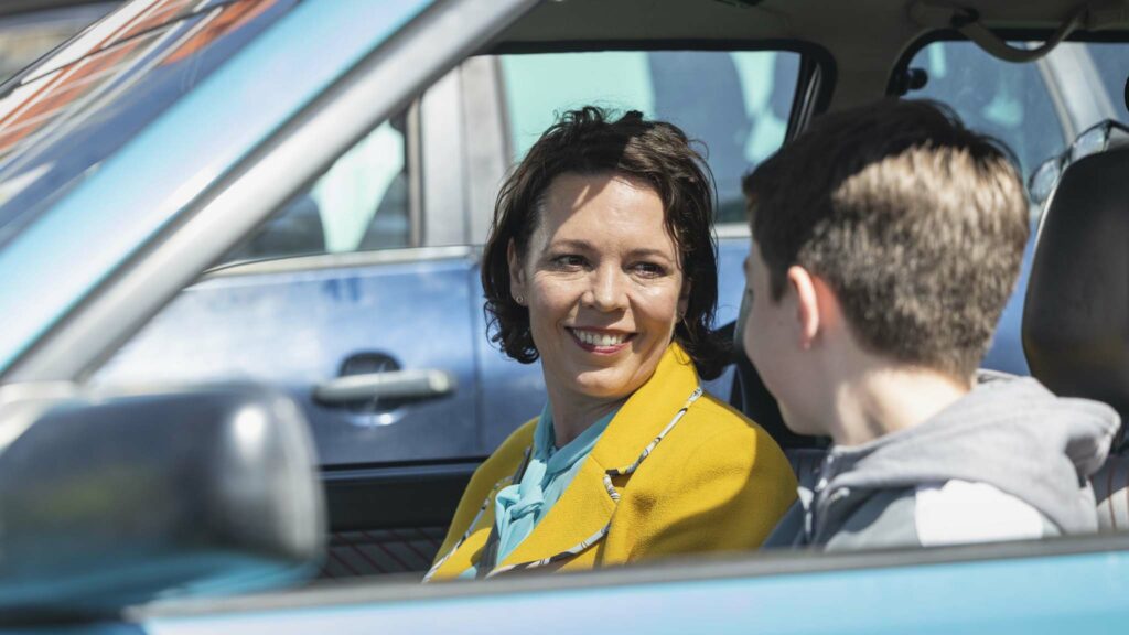 Olivia Colman as Joy and Charlie Reid as Mully in Joyride, directed by Emer Reynolds. Copyright: Vertigo Releasing. All Rights Reserved.