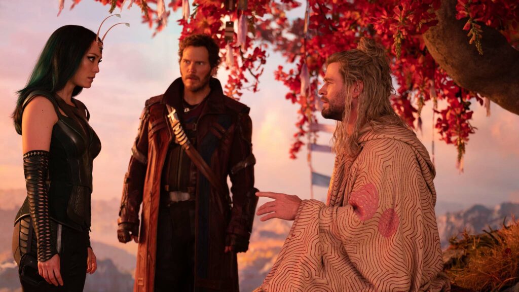Pom Klementieff as Mantis, Chris Pratt as Star-Lord/Peter Quill and Chris Hemsworth as Thor in Thor: Love And Thunder, directed by Taiki Waititi. Photo: Jasin Boland. Copyright: 2022 Marvel Studios. All Rights Reserved.