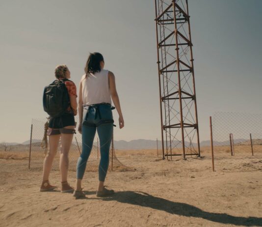 Virginia Gardner as Hunter and Grace Fulton as Becky in Fall, directed by Scott Mann. Copyright: Signature Entertainment. All Rights Reserved.