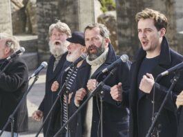 Dave Johns as Leadville, James Purefoy as Jim, Sam Swainsbury as Rowan and Richard Harrington as Morgan in Fisherman's Friends: One And All, directed by Meg Leonard and Nick Moorcroft. Copyright: Entertainment Film Distributors. All Rights Reserved.