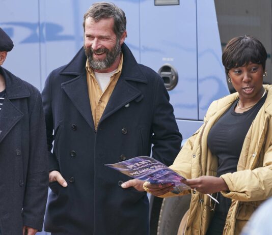 Dave Johns as Leadville, James Purefoy as Jim and Jade Anouka as Leah in Fisherman's Friends: One And All, directed by Meg Leonard and Nick Moorcroft. Copyright: Entertainment Film Distributors. All Rights Reserved.