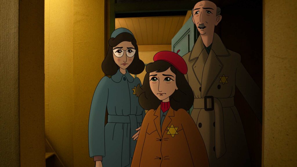 Margot Frank (voiced by Skye Bennett), Anne Frank (Emily Carey) and Otto Frank (Michael Maloney) in Where Is Anne Frank, directed by Ari Folman. Copyright: Altitude Film Distribution. All Rights Reserved.