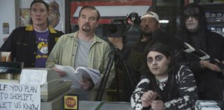 Jeff Anderson as Randal, Brian O’Halloran as Dante, Kevin Smith as Silent Bob, Austin Zajur as Blockchain Coltrane and Trevor Febrman as Elias in Clerks III, directed by Kevin Smith. Copyright: 2022 Lionsgate Films. All Rights Reserved.