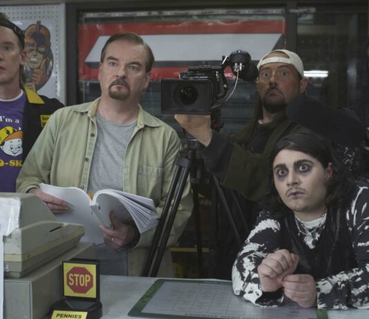 Jeff Anderson as Randal, Brian O’Halloran as Dante, Kevin Smith as Silent Bob, Austin Zajur as Blockchain Coltrane and Trevor Febrman as Elias in Clerks III, directed by Kevin Smith. Copyright: 2022 Lionsgate Films. All Rights Reserved.