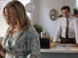 Florence Pugh as Alice and Harry Styles as Jack in Don't Worry Darling, directed by Olivia Wilde. Photo: Merrick Morton. Copyright: 2022 Warner Bros. Entertainment Inc. All Rights Reserved.