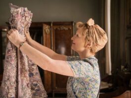 Lesley Manville as Mrs Harris in Mrs Harris Goes To Paris, directed by Anthony Fabian. Photo: David Lukacs. Copyright: 2021 Ada Films Ltd/Harris Squared Kft. All Rights Reserved.