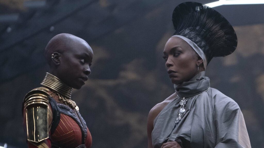 Danai Gurira as Okoye and Angela Bassett as Ramonda in Black Panther: Wakanda Forever, directed by Ryan Coogler. Photo: Eli Ade. Copyright: 2022 Marvel Studios. All Rights Reserved.