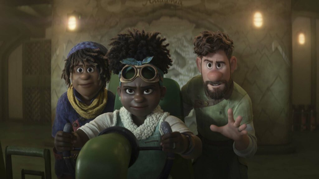 Ethan Clade (Jaboukie Young-Whit), his pilot mother Meridian Clade (Gabrielle Union) and father Searcher Clade (Jake Gyllenhaal) in Strange World, directed by Don Hall and Qui Nguyen. Copyright: 2022 Disney. All Rights Reserved.