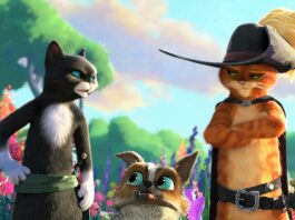 Kitty Soft Paws (voiced by Salma Hayek Pinault), Perro (Harvey Guillen) and Puss in Boots (Antonio Banderas) in Puss In Boots: The Last Wish, directed by Joel Crawford and co-directed by Januel Mercado. Copyright: 2022 DreamWorks Animation LLC. All Rights Reserved.
