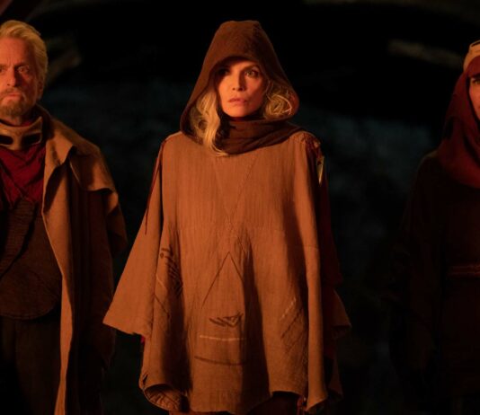 Michael Douglas as Hank Pym, Michelle Pfeiffer as Janet Van Dyne and Evangeline Lilly as Hope Van Dyne/Wasp in Ant-Man And The Wasp: Quantumania, directed by Peyton Reed. Photo: Jay Maidment. Copyright: 2022 Marvel. All Rights Reserved.