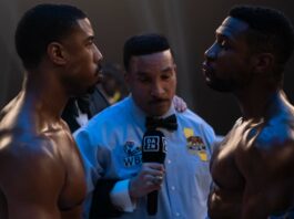 Michael B. Jordan as Adonis Creed and Jonathan Majors as Damian Anderson in Creed III. , directed by Michael B Jordan. Photo: Eli Ade. Copyright: Metro-Goldwyn-Mayer Pictures Inc. All Rights Reserved.