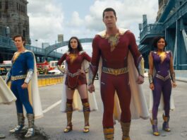 Ross Butler as Super Hero Eugene, Adam Brody as Super Hero Freddy, Grace Caroline Currey as Super Hero Mary, Zachary Levi as Shazam, Meagan Good as Super Hero Darla and DJ Cotrona as Super Hero Pedro in Shazam! Fury of The Gods, directed by David F Sandberg. Photo: courtesy Warner Bros. Pictures. Copyright: 2022 Warner Bros. Entertainment Inc. All Rights Reserved.