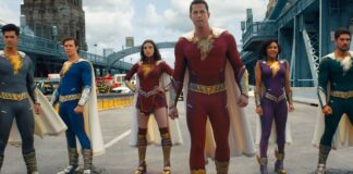 Ross Butler as Super Hero Eugene, Adam Brody as Super Hero Freddy, Grace Caroline Currey as Super Hero Mary, Zachary Levi as Shazam, Meagan Good as Super Hero Darla and DJ Cotrona as Super Hero Pedro in Shazam! Fury of The Gods, directed by David F Sandberg. Photo: courtesy Warner Bros. Pictures. Copyright: 2022 Warner Bros. Entertainment Inc. All Rights Reserved.