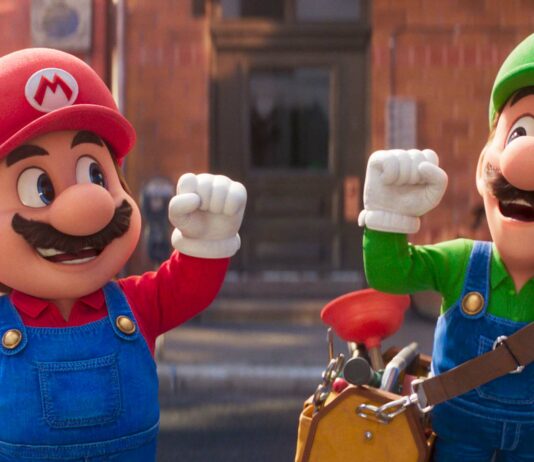Mario (voiced by Chris Pratt) and Luigi (Charlie Day) in The Super Mario Bros. Movie, directed by Aaron Horvath and Michael Jelenic. Copyright: Nintendo/Illumination Entertainment/Universal Pictures. All Rights Reserved.