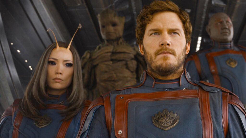 Pom Klementieff as Mantis, Groot (voiced by Vin Diesel), Chris Pratt as Peter Quill/Star-Lord and Dave Bautista as Drax in Marvel Studios' Guardians of the Galaxy Vol. 3, directed by James Gunn. Copyright: Marvel Studios. All Rights Reserved.