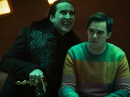 Nicolas Cage as Dracula and Nicholas Hoult as Renfield in Renfield, directed by Chris McKay. Photo: Michele K Short. Copyright: Universal Studios. All Rights Reserved.
