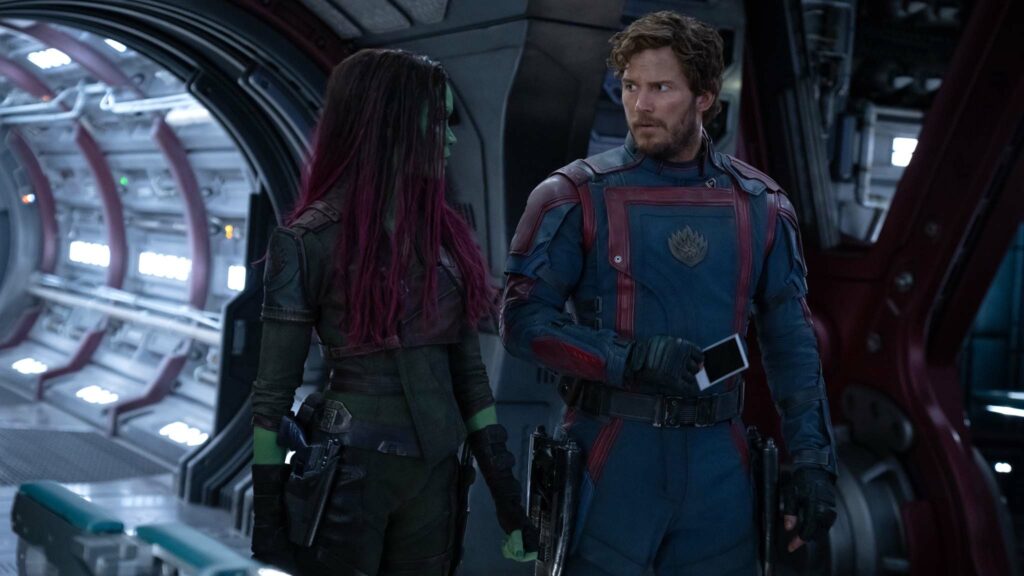 Zoe Saldana as Gamora and Chris Pratt as Peter Quill/Star-Lord in Guardians Of The Galaxy Vol 3, directed by James Gunn. Photo: Jessica Miglio. Copyright: Marvel Studios All Rights Reserved.