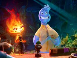 Ember (voiced by Leah Lewis) and Wade (Mamoudou Athie) in elemental directed by Peter Sohn. Copyright: 2022 Disney/Pixar. All Rights Reserved.