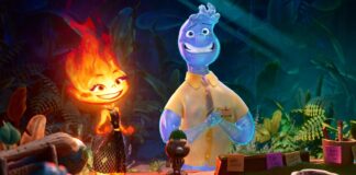 Ember (voiced by Leah Lewis) and Wade (Mamoudou Athie) in elemental directed by Peter Sohn. Copyright: 2022 Disney/Pixar. All Rights Reserved.