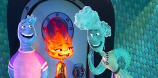 Wade Ripple (voiced by Mamoudou Athie), Ember Lumen (Leah Lewis) and Brook Ripple (Catherine O'Hara) in Elemental, directed by Peter Sohn. Copyright: Disney/Pixar. All Rights Reserved.