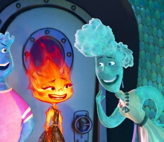 Wade Ripple (voiced by Mamoudou Athie), Ember Lumen (Leah Lewis) and Brook Ripple (Catherine O'Hara) in Elemental, directed by Peter Sohn. Copyright: Disney/Pixar. All Rights Reserved.